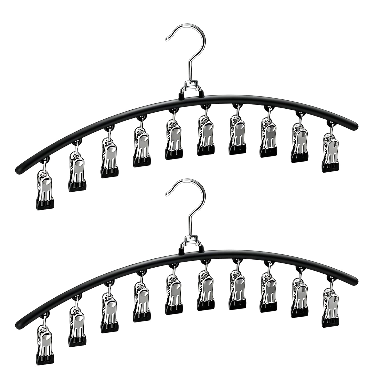 2 Pack Trouser Hangers with Clips, Leggings Hanger Organizer, Scarf Hanger, 360° Swivel Hook Trouser Hangers with 20 Clips, Space Saving Design, Leggings, Skirts, Underwear & Closet Organiser, Black