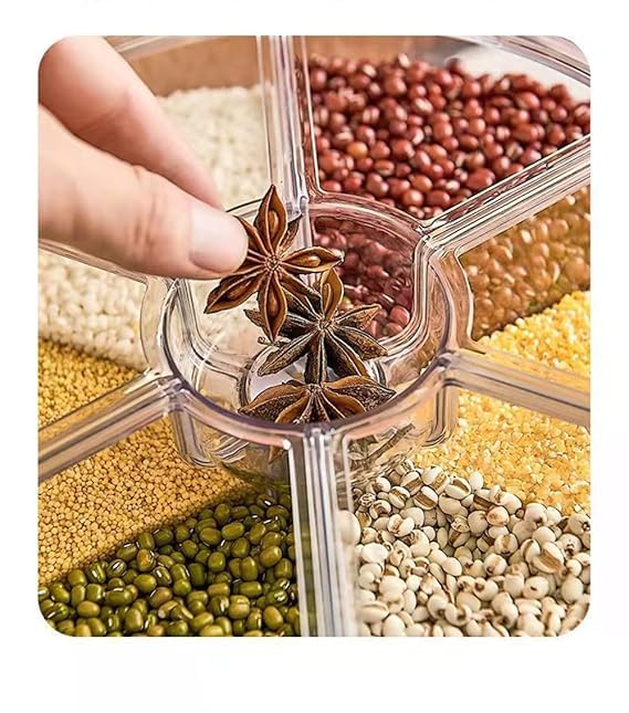 NISHIV 6-Grid 360°Rotation Cereal Dry Food Rice Grain Storage Dispenser Dry Food Storage Box 360° Rotating Grain Container for Home, Cereal Transparent Bucket, storage box (Pack Of 1) NISHIV 6-Grid 360°Rotation Cereal Dry Food Rice Grain Storage Dispenser Dry Food Storage Box 360° Rotating Grain Container for Home, Cereal Transparent Bucket, storage box (Pack Of 1)