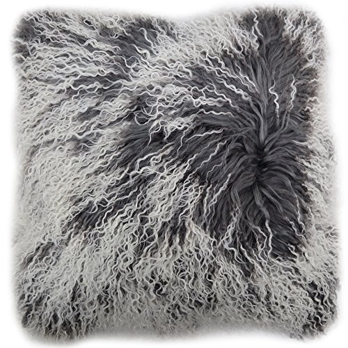 Image of SNUGRUGS Genuine Mongolian Sheepskin Cushion, Incl Cushion Inner, 40cm x 40cm, Grey with White Tip