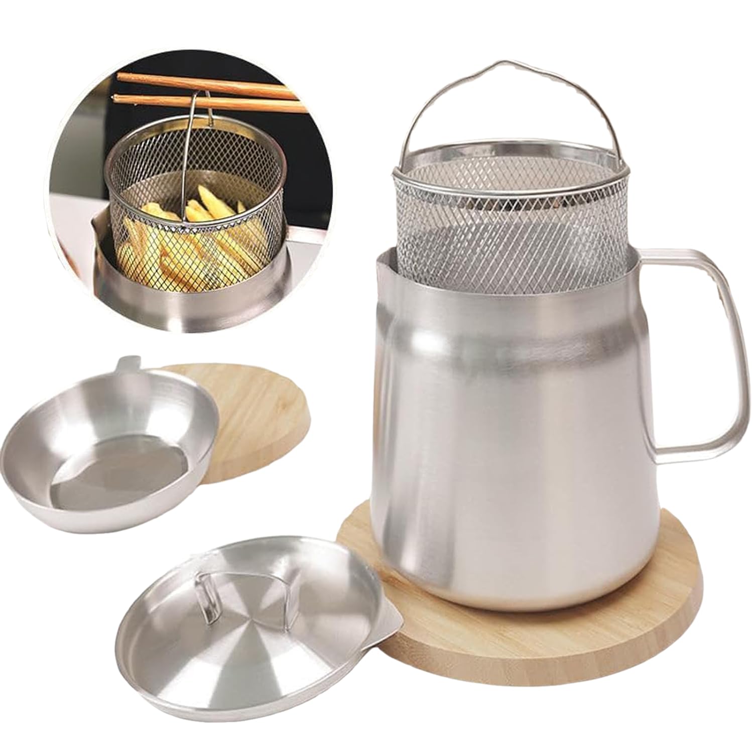 LiveGo304 Stainless Steel Oil Filter Pot with Filter Basket and Mesh, Dust-Proof Lid and Non-Slip Tray with Handle for Storing, Frying, and Cooking Grease (1.5L)