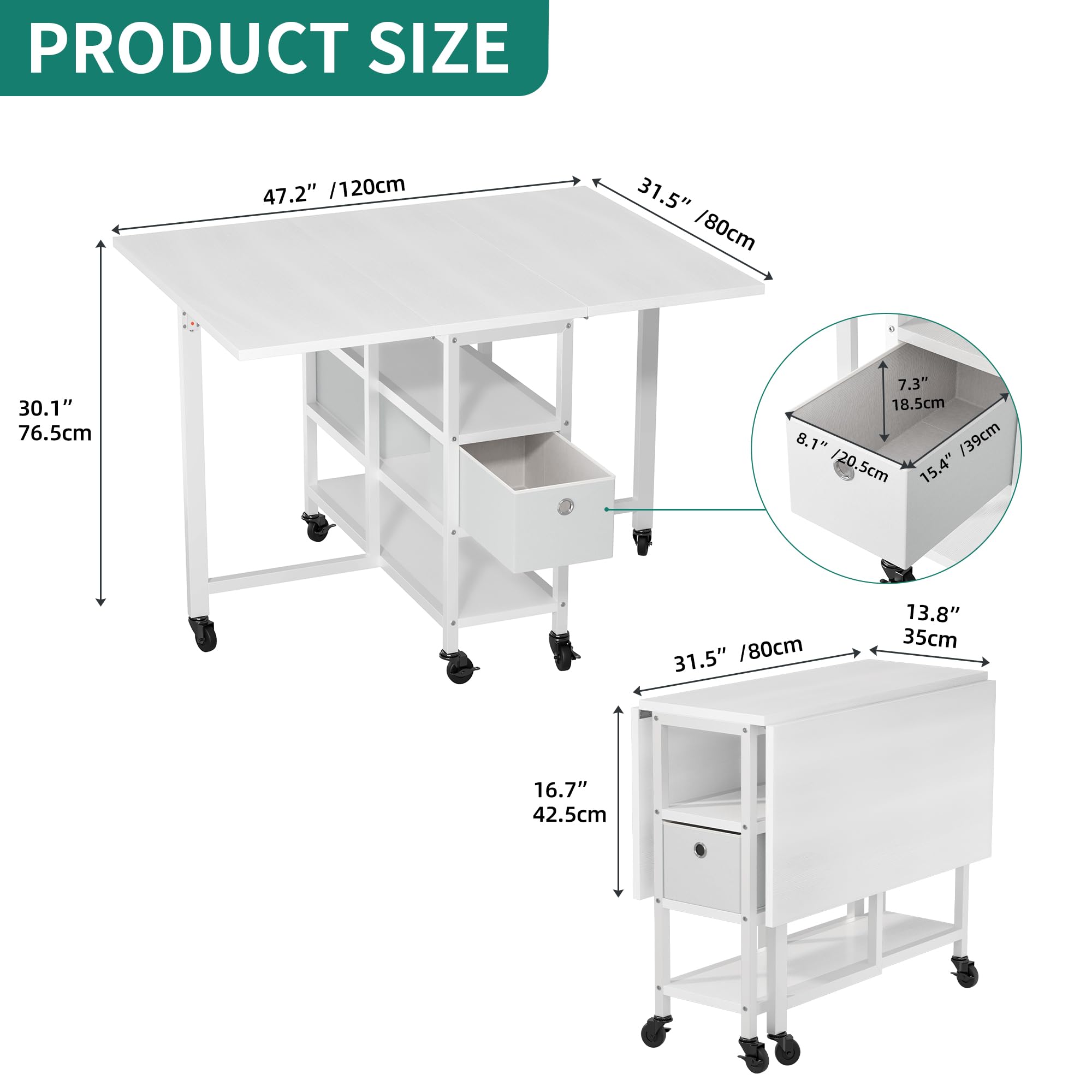 YITAHOME Table de Salle à Manger Pliante Mobile avec 6 roulettes et tiroirs de Rangement pour Petits espaces, Cuisine, Salle à Manger, Blanc