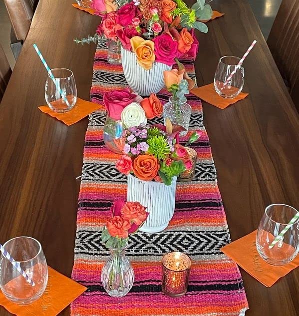 Del Mex (TM) Traditional Falsa Mexican Blanket Table Runner (Pink/Orange)
