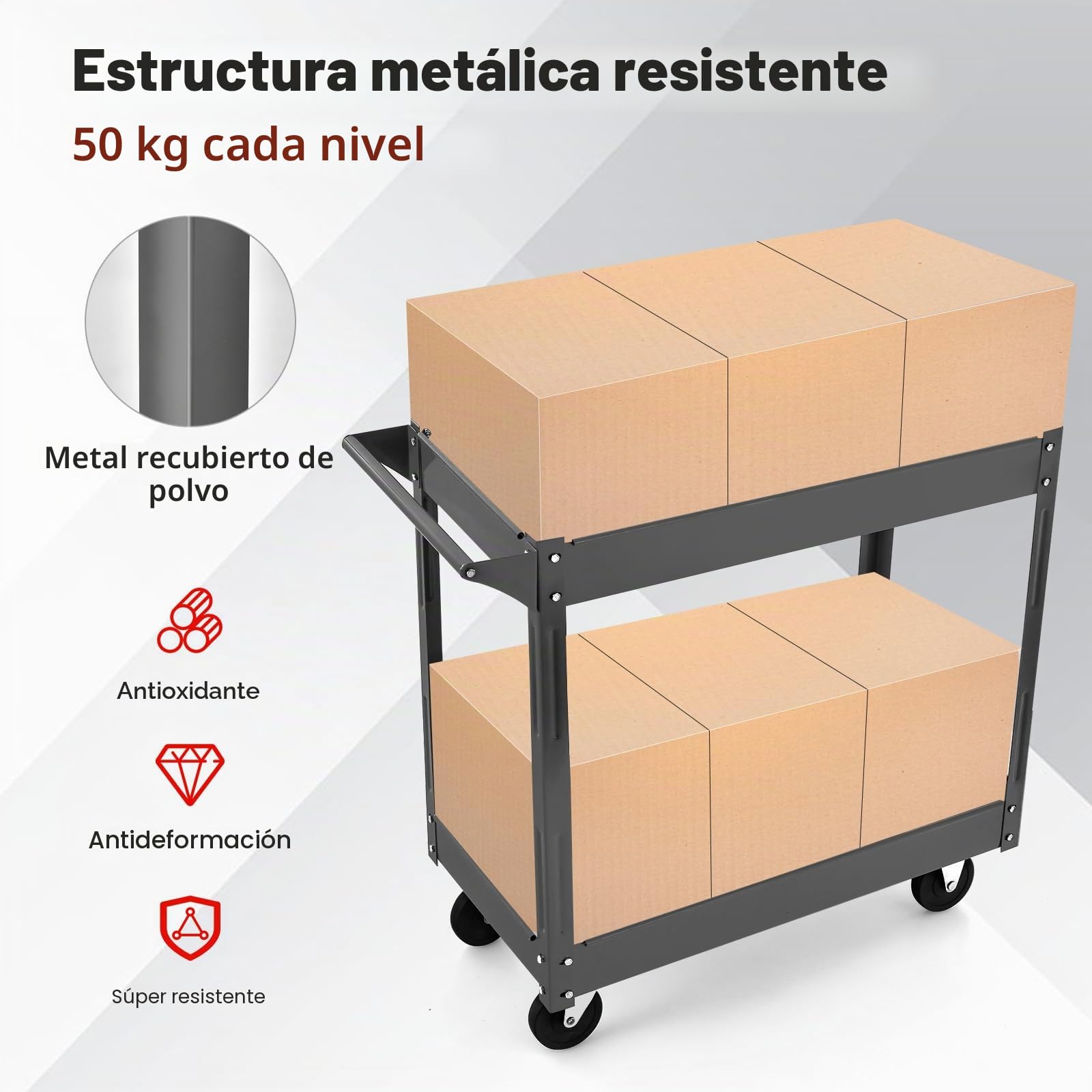 GOPLUS carro de Herramientas Multifuncional de 2 Niveles, Metal, Carga 50 kg por Nivel, Asa, Taller, Garaje, Cocina, Jardín (Negro)