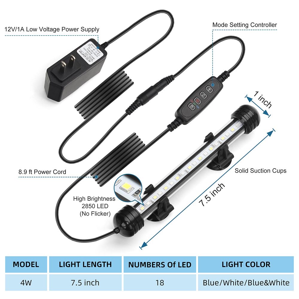 LED Submersible Aquarium Light 4W Underwater Fish Tank Light with Blue White&Blue and White Three Light Modes Timer Automatic On/Off and Dimmer Brightness Adjustable (7.5inch)