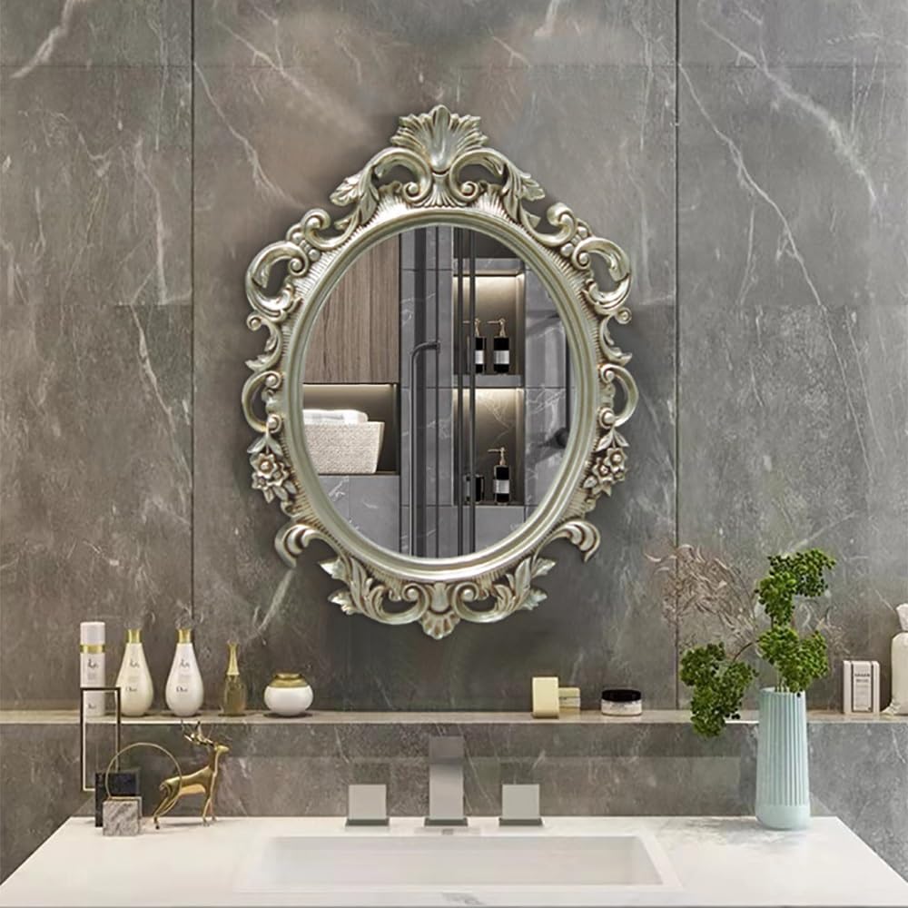 SXFSDOU Oval Mirror Baroque Style, Antique Gold for Living Room, Ornate Wall Mirror, Vintage Decor PU Framed Bathroom 54 * 75cm/21 30in(Champagne,54 30in)