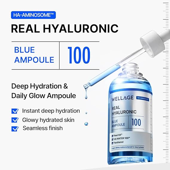 WELLAGE Real Hyaluronic Blue Ampoule 100, Korean Skincare, Fragrance Free Hyaluronic Acid Serum with Panthenol, Wild yam, Centella for Sensitive Dry Skin Moisturizer 1.01 fl.oz