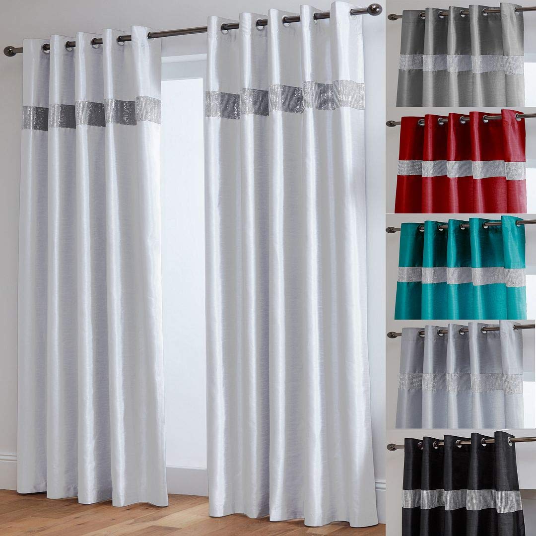 John Aird White Diamante Fully Lined Faux Silk Eyelet Curtains (, 66" Wide X 72" Drop)