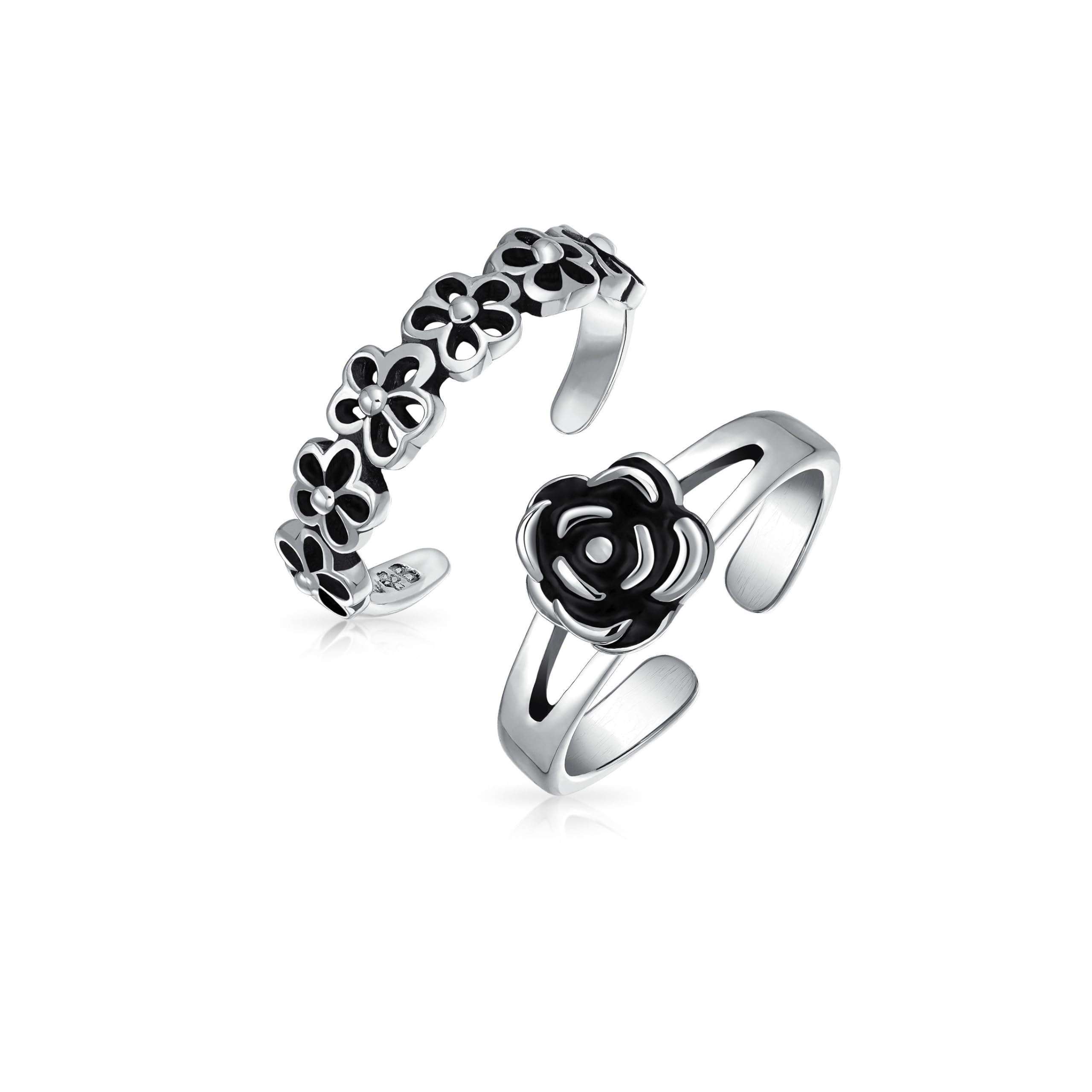 Bling Jewelry Conjunto de Dos Flores de Margarita Abiertas y Anillo de Dedo del Pie con Banda Dividida Midi de Rosa Negra Tallada para Mujeres Oxidado .925 Plata de Ley Ajustable