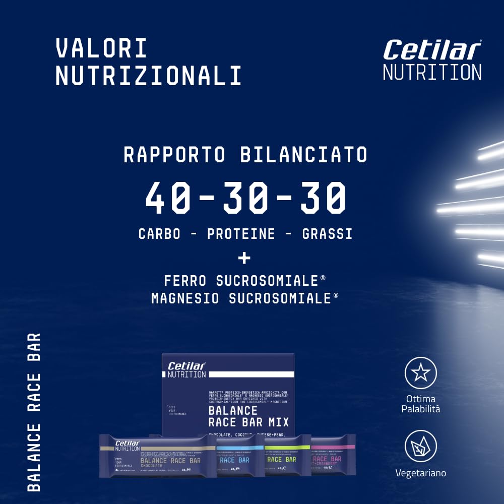 Balance Race Bar Mix, 8 Barrette energetico-proteiche da 40 gr cad., 4 gusti assortiti, formula bilanciata, con Ferro e Magnesio Sucrosomiali®, Energia durante l'allenamento, Cetilar Nutrition