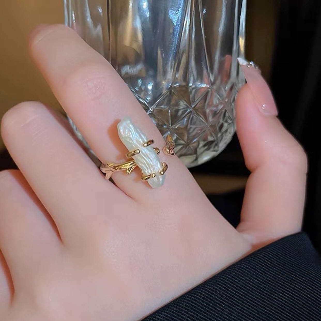 Handcrafted Natural Baroque Pearl Ring Winding Design Opening Adjustable 14k Gold Plated Material,Branch - Image 6