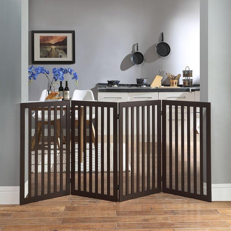 MENIFY | Wooden Freestanding Foldable Pet Gate for Dogs, Over Fence, Dog Partition for Your pet and Baby (4-Panel Brown32 Hight)