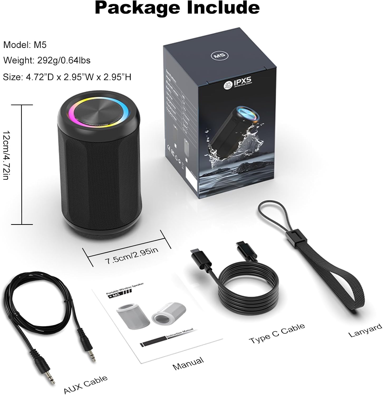 Portable Bluetooth Speaker 6W, Wireless BT5.4 Speaker with AUX & TF Card (microSD) Input, HD Clear Sound, RGB Light, IPX55 Waterproof, TWS Stereo Pairing, Black - Image 9