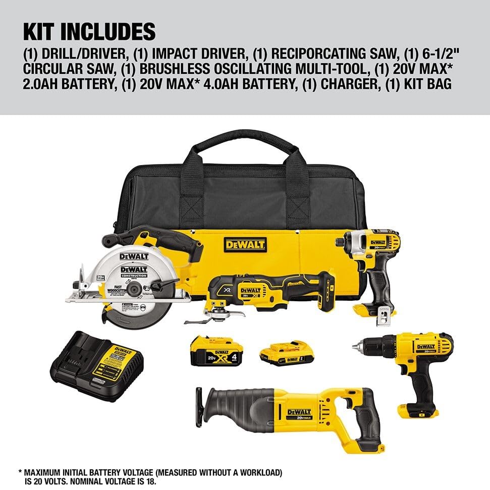 Image of DEWALT Tools 5 Tool Power Tool Combo Kit, Cordless Drill Impact Driver Saw Oscillating Multi-tool Set with 20V MAX Battery and Charger (DCK551D1M1)