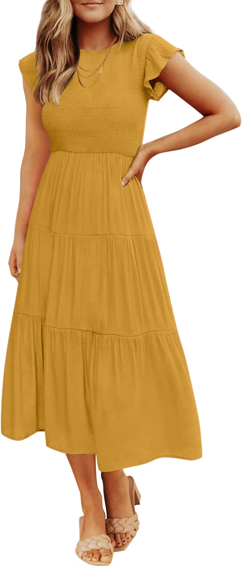 ZESICA Women's 2026 Summer Casual Flutter Short Sleeve Crew Neck Smocked Elastic Waist Tiered Midi Dress