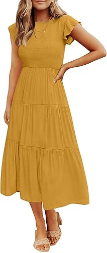 ZESICA - Vestido por debajo de la rodilla para mujer, diseño informal y escalonado de manga corta, con cuello redondo y cintura elástica fruncida