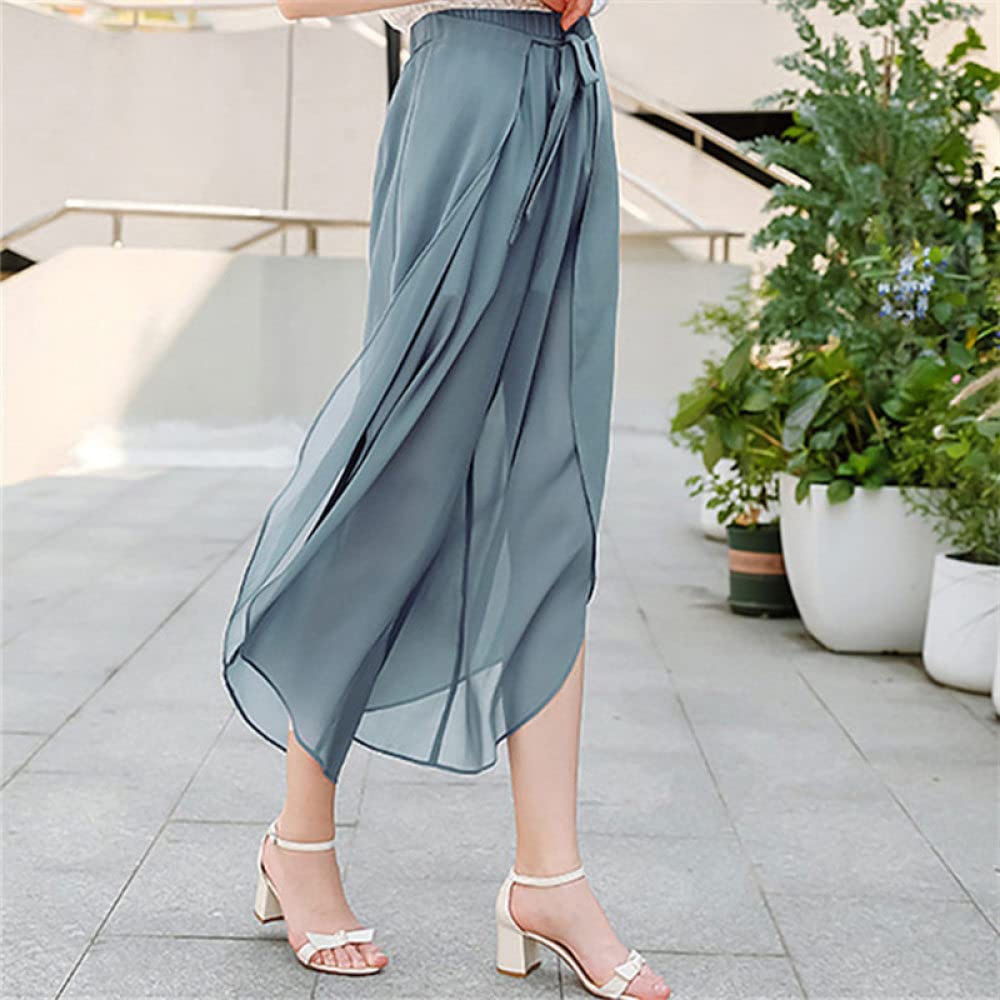 Wide Leg Hose Damen, Damen-Chiffon-Hose Mit Weitem Bein Solide Palazzo-Hose Mit Kordelzug Halbe Elastische Taille Elegante Fließende Geschwungene Culottes-Hose Modische Leichte Luftige Kurz Geschni