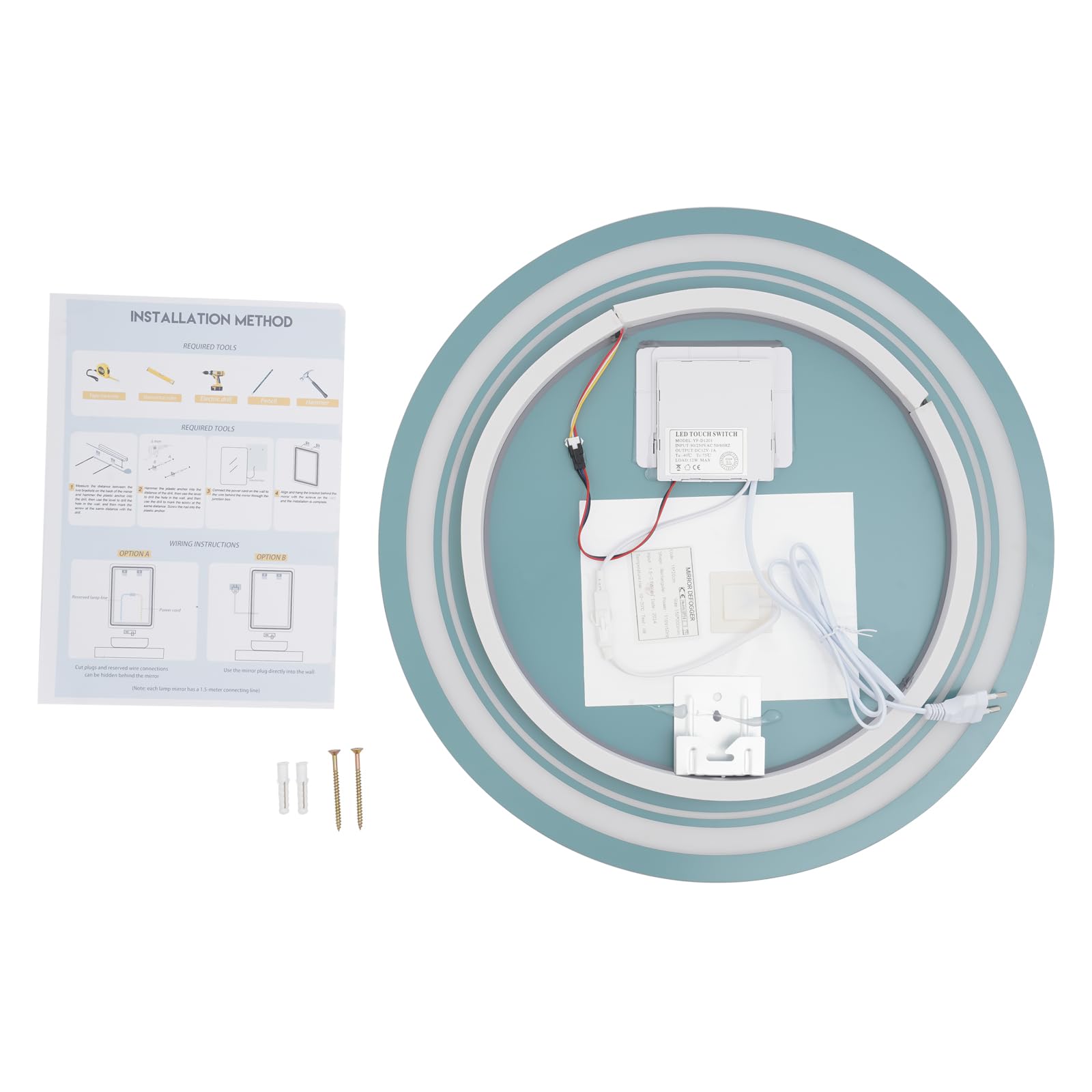 50 cm Runder Dimmbar LED Spiegel Bad mit Beleuchtung mit Memory und Antibeschlagfunktion, Touch-Schalter, 3 Lichtfarben einstellbar (3000K–6000K), Badezimmerspiegel für Make-up und Rasur