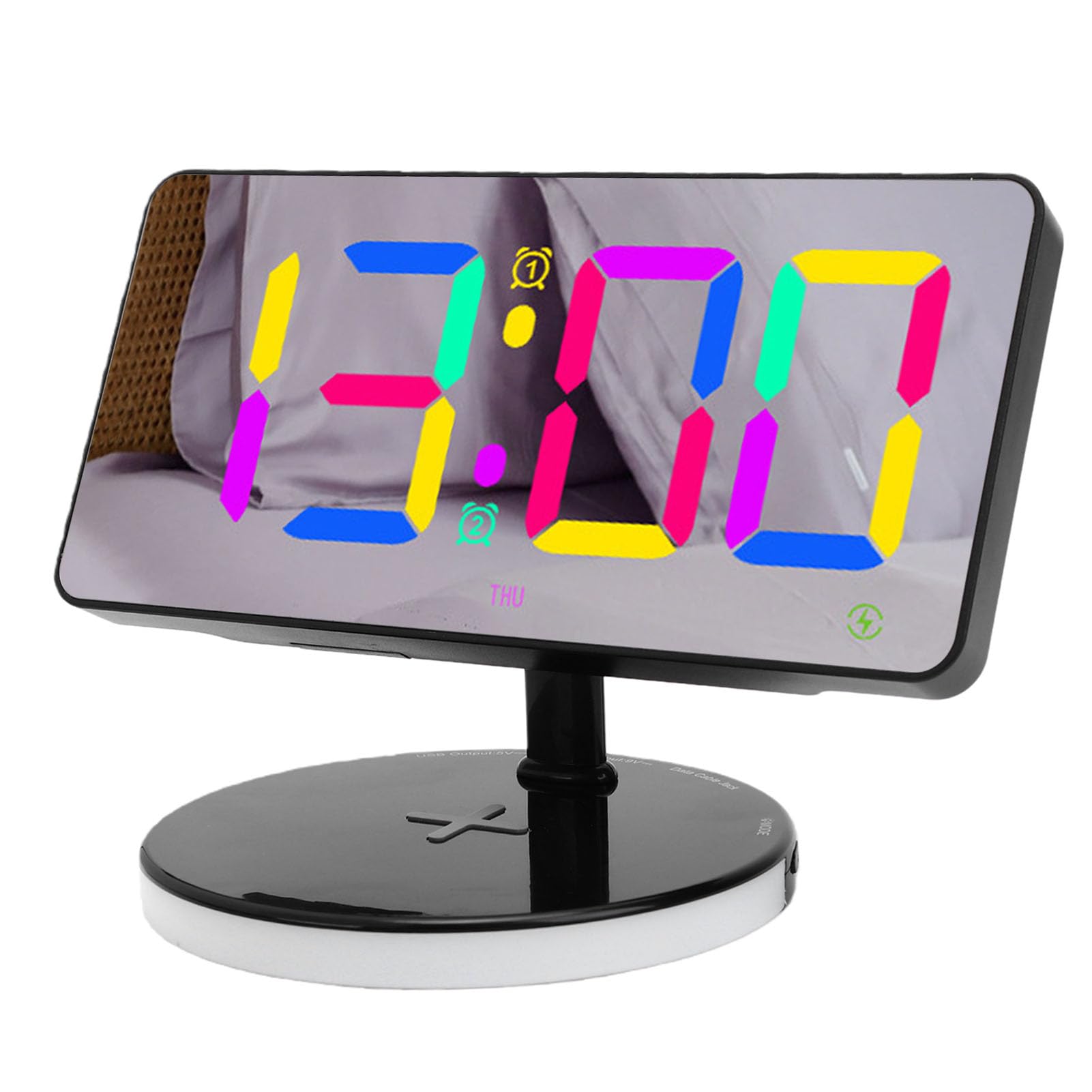 Reloj Despertador LED Digital, Pantalla de Espejo Grande de 7,3 Pulgadas con Cargador Inalámbrico, Función de Repetición, Luz RGB, Brillo Ajustable, Reloj de Escritorio (Black)