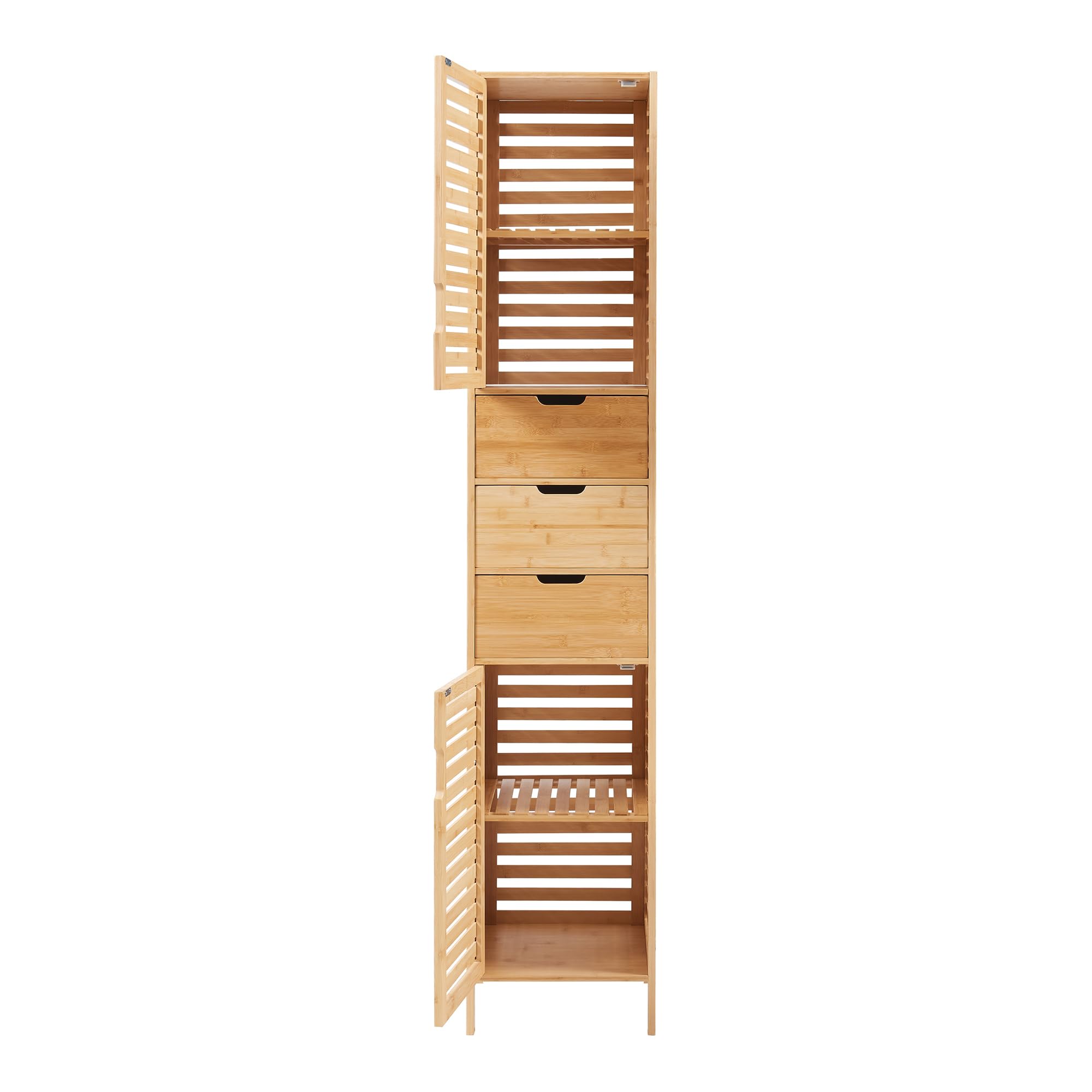 [en.casa] Armario Alto de Baño Boksereys Mueble Alto de Baño con 2 Compartimentos con Puertas y 3 Cajones Mueble Auxiliar 180 x 35 x 35 cm Bambú - Natural
