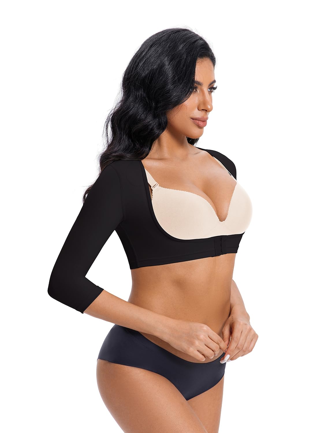 Moldeador de brazo superior para mujer, cierre frontal, manga de compresión posquirúrgica, mangas adelgazantes para busto abierto