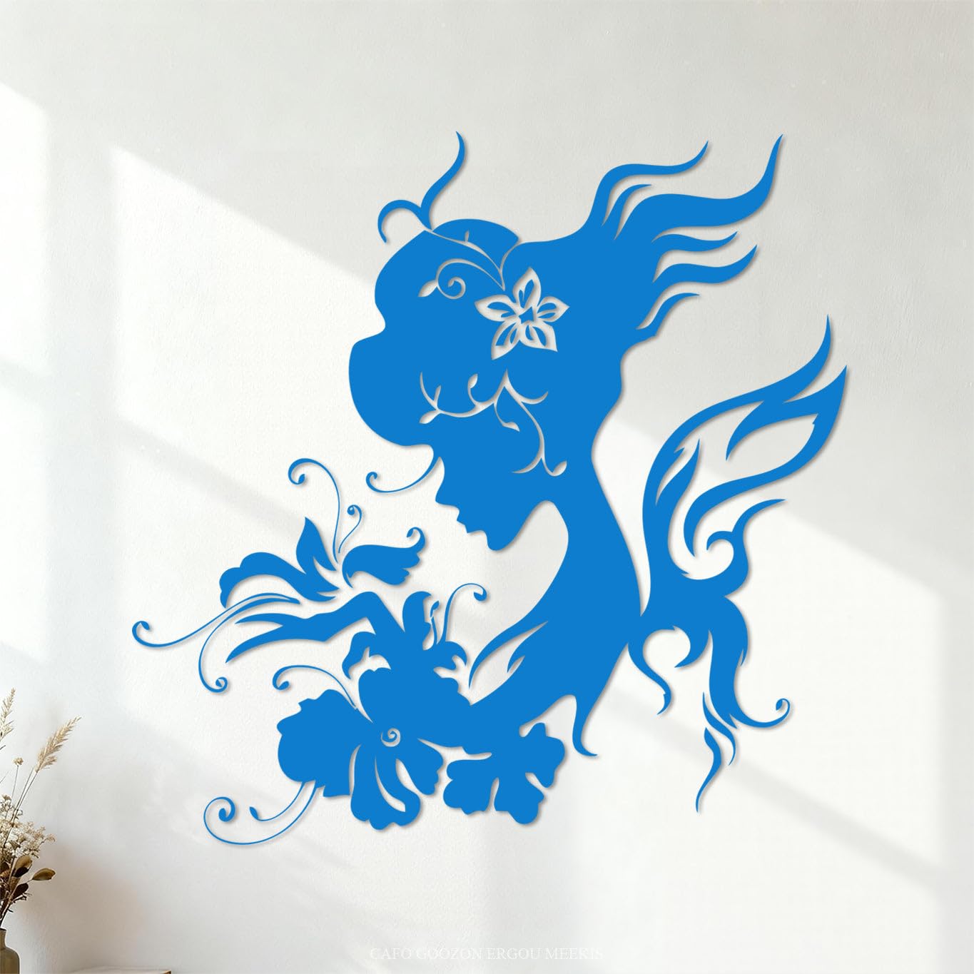 Silhouette Beautiful Woman Butterfly Flowers Wall Decals 72x72.1cm Easy Installation Blue