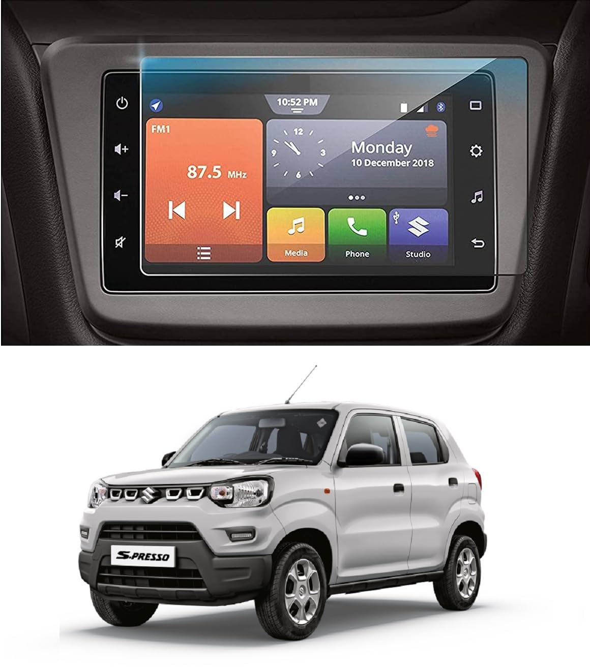 Safety Accessories Car's Stereo, GPS, Navigation, Infotainment System Screen Guard Glass for Suzuki S-Presso VXi Bubble Proof : HD+ Ultra Clear : 9H Hardness : Company Fitted (Glossy :1)