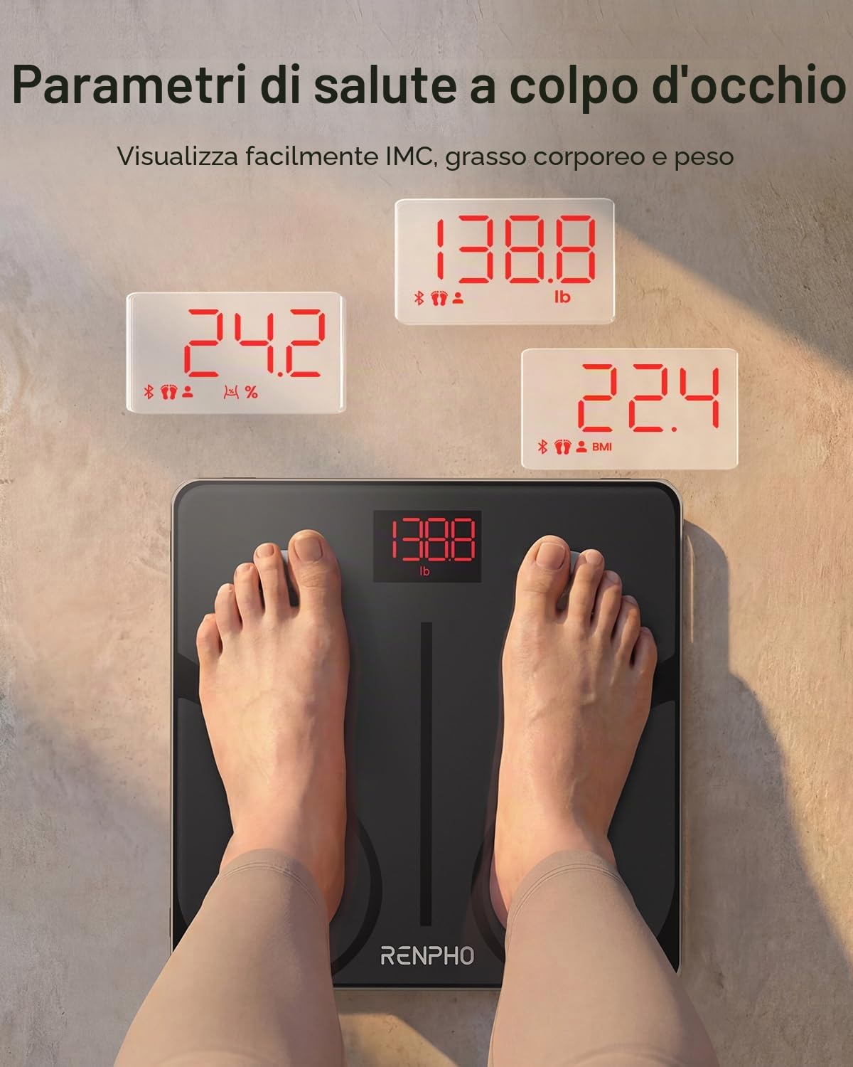 RENPHO Bilancia Pesapersone Digitale, Bilancia Impedenziometrica in Vetro Temperato, Fino a 180 kg, Bilancia Smart Dotata di 13 Misurazioni (BMI/Grasso corporeo/BMR/Muscoli), 28 cm, Elis 1