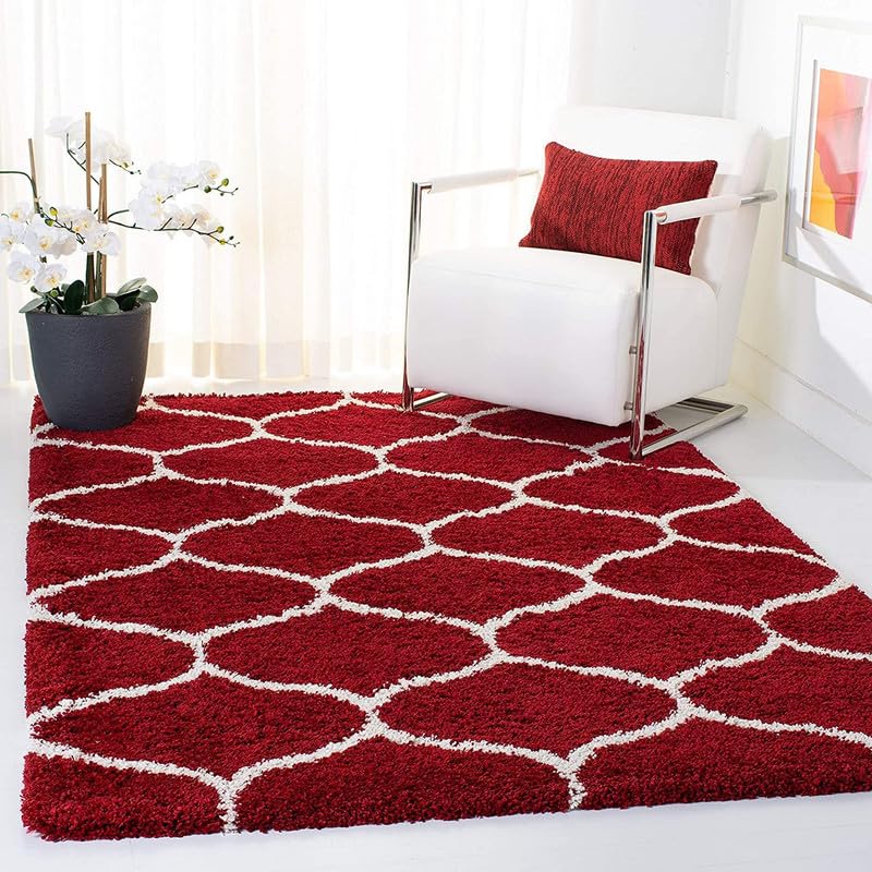 Image of Shaggy Carpet for Home 2 x 6 Feet Ultra-Soft, Thick, and Stylish Shag Texture Ideal for Living Room, Bedroom, or Office - Easy to Clean and Perfect (Red-Ivory)