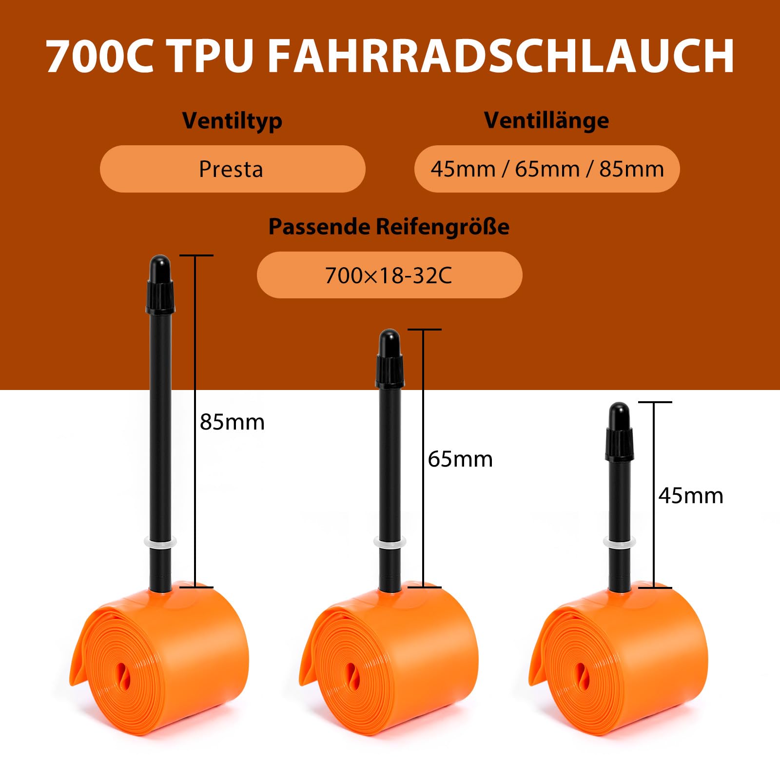 Hycline 2er-Pack TPU Fahrrad Schlauche: 700x18-32C (28 Zoll) Rennrad Unisex Ultraleichter Schlauch Presta-Ventil 45mm/65mm/85mm with 2 Reifenheber