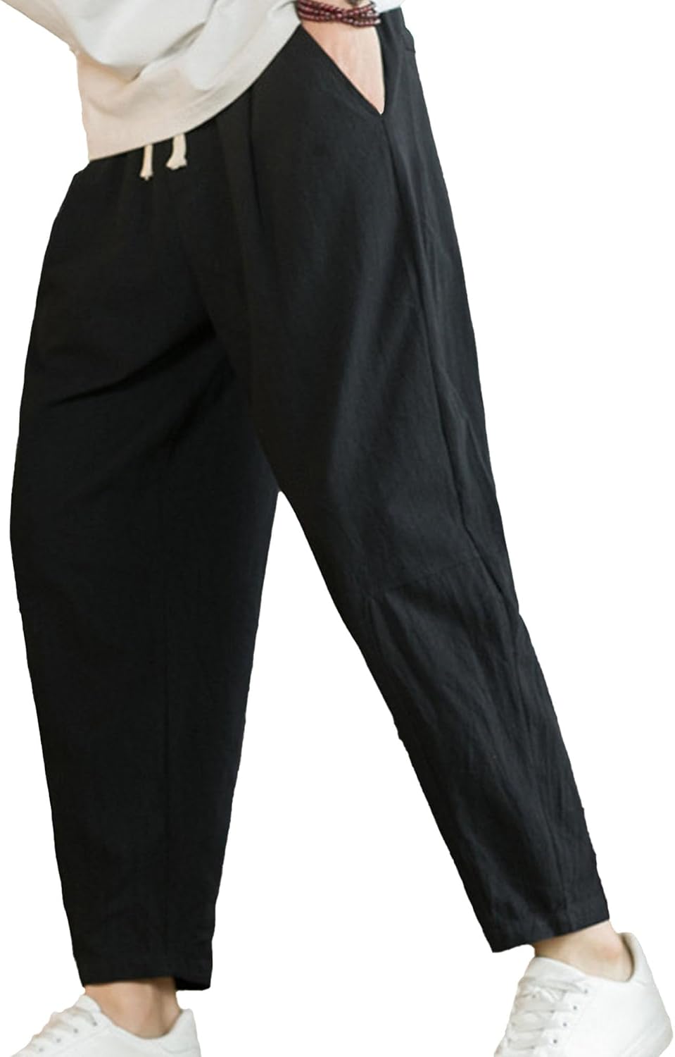 JEsilunmaMY Men's Summer Casual Cotton Linen Pants Elastic Waist Slacks Straight Harem Pants Solid Color Beach Lounge Pants
