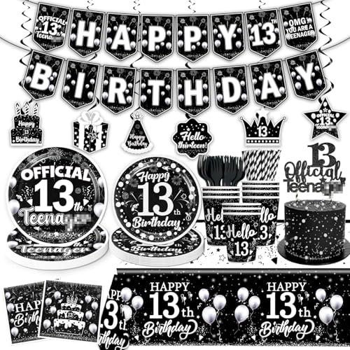 170pcs 13th Birthday Decorations for Boys Tableware Set, Black Themed 13th Birthday Plates and Napkins Banner Officially a Teenager Party Decorations for Kids Boys Teenager Favors