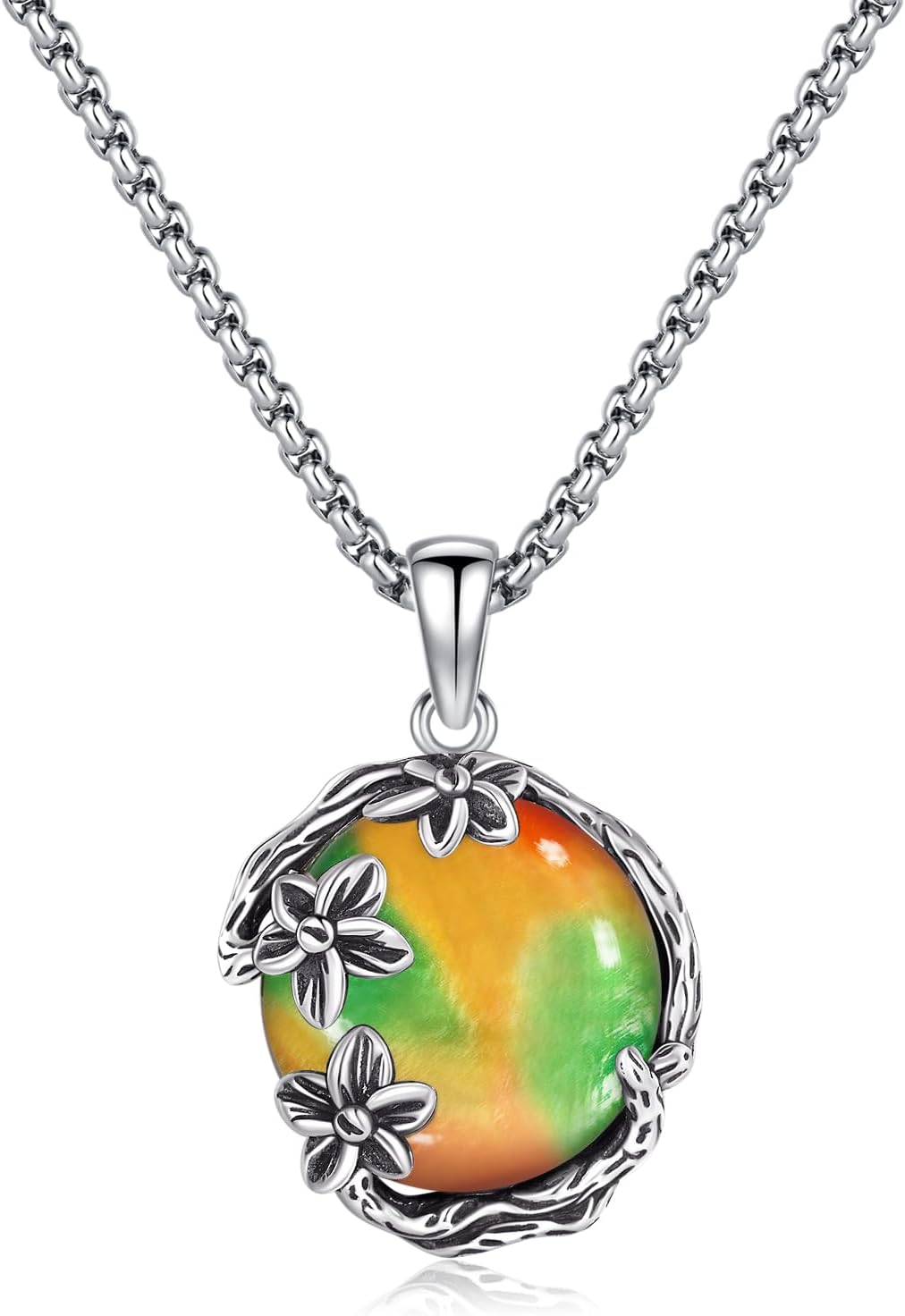 Flower Necklaces for Women with Walnut Jewelry Box 925 Sterling Silver Pendant Necklace with 14 * 14MM Round Moss Agate/Ammolite Gemstone Mother's Day Vintage Jewelry Gift