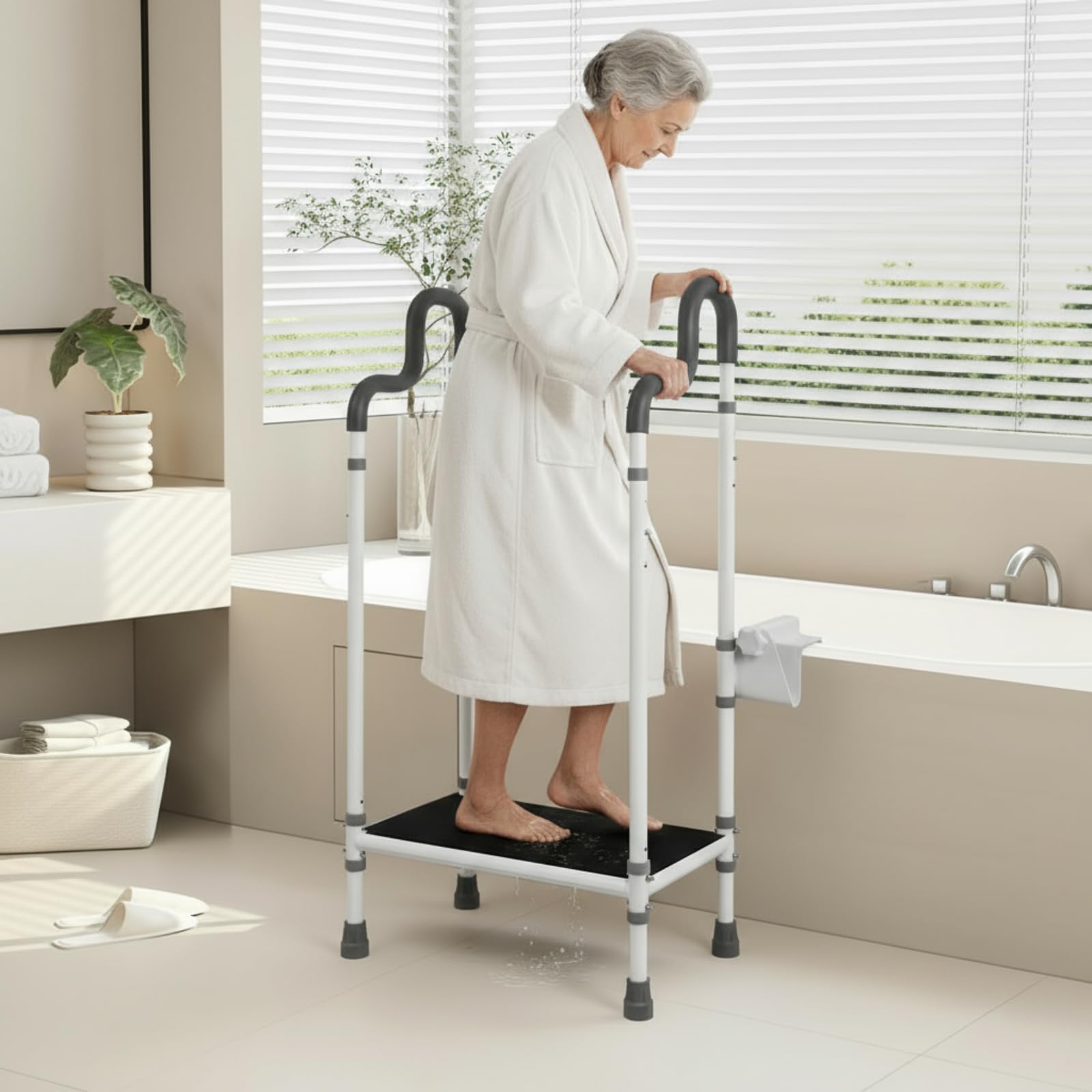 Reposapiés para baño con asa, ayuda de entrada para personas mayores, con reposabrazos, capacidad de carga 250 kg, color blanco