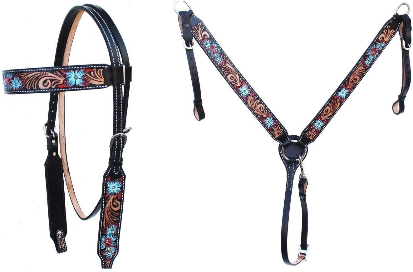 Western Leather Hand Tooled Headstall and Breast Collar Set with Reins. /Size-Full,Cob,Pony AM-34