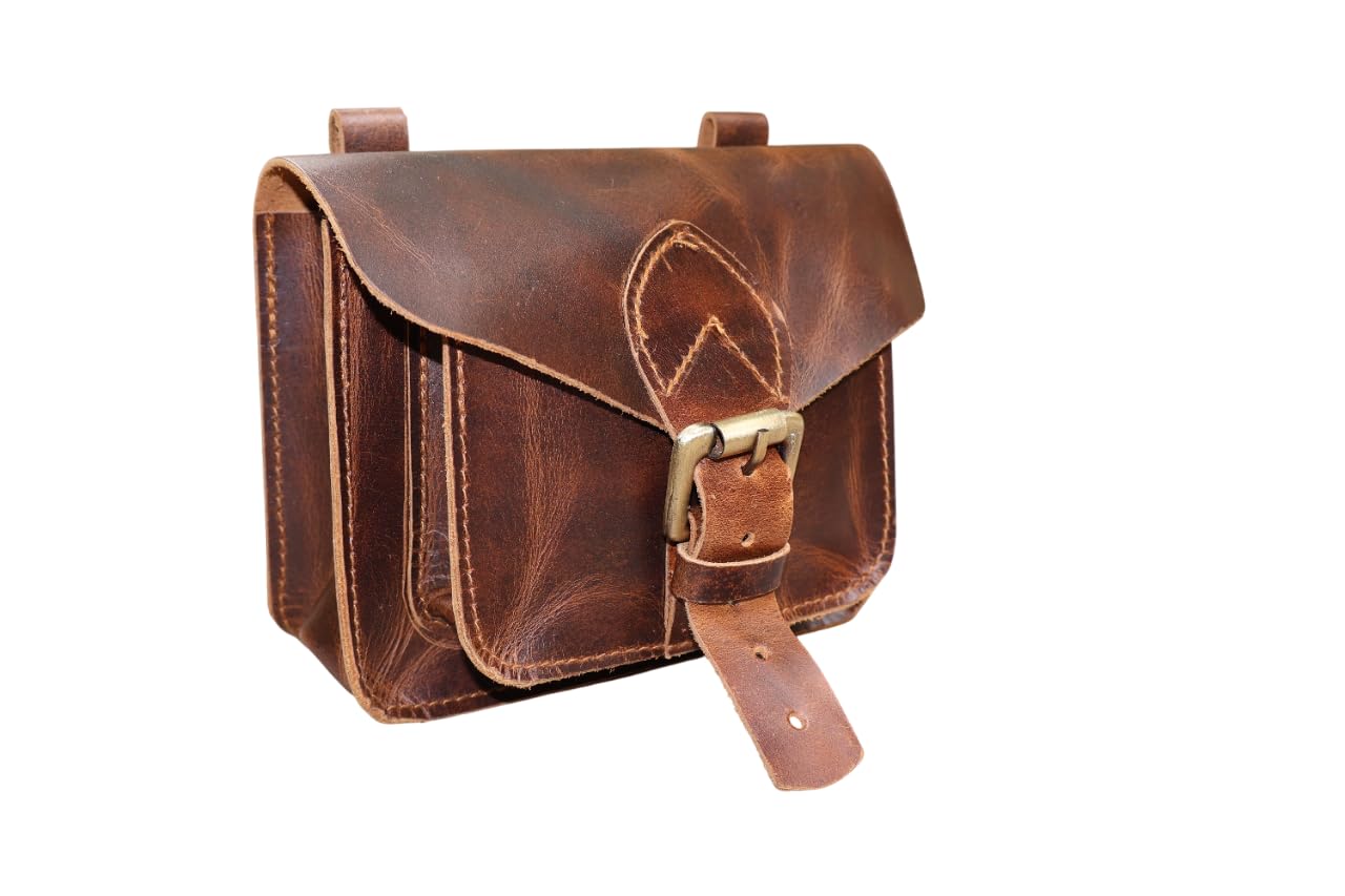 american blue - Borsa da moto vintage, in vera pelle di capra, con fibbia a 2 cinghie e chiusura rapida, borsa porta attrezzi marrone, rinforzata, per manubrio, forcelle, bicicletta, Hide Elegance