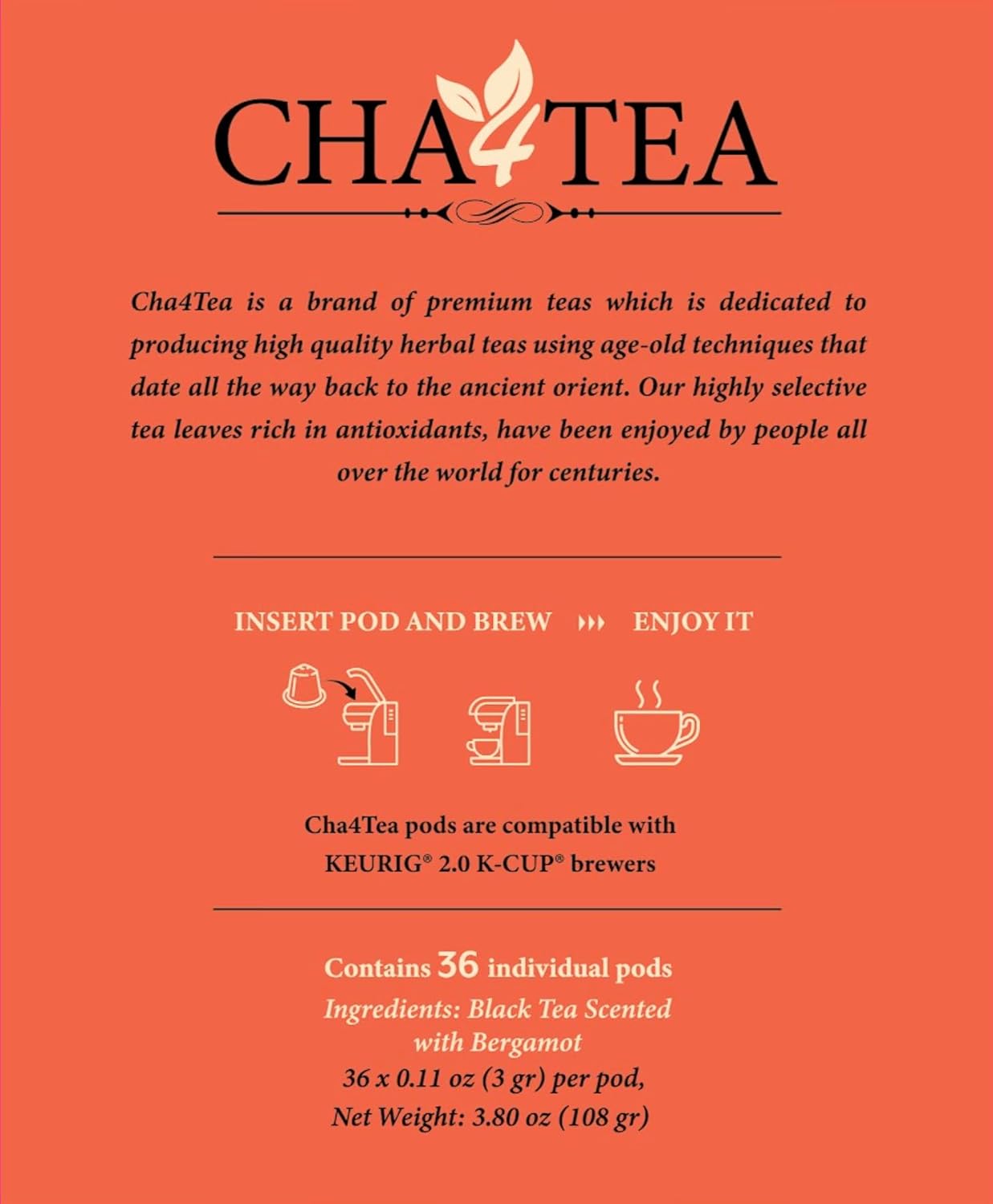 Cha4TEA 36-Count Earl Grey Tea Pods Compatible with Keurig K-Cup, Bold Black Tea with Bergamot Flavor