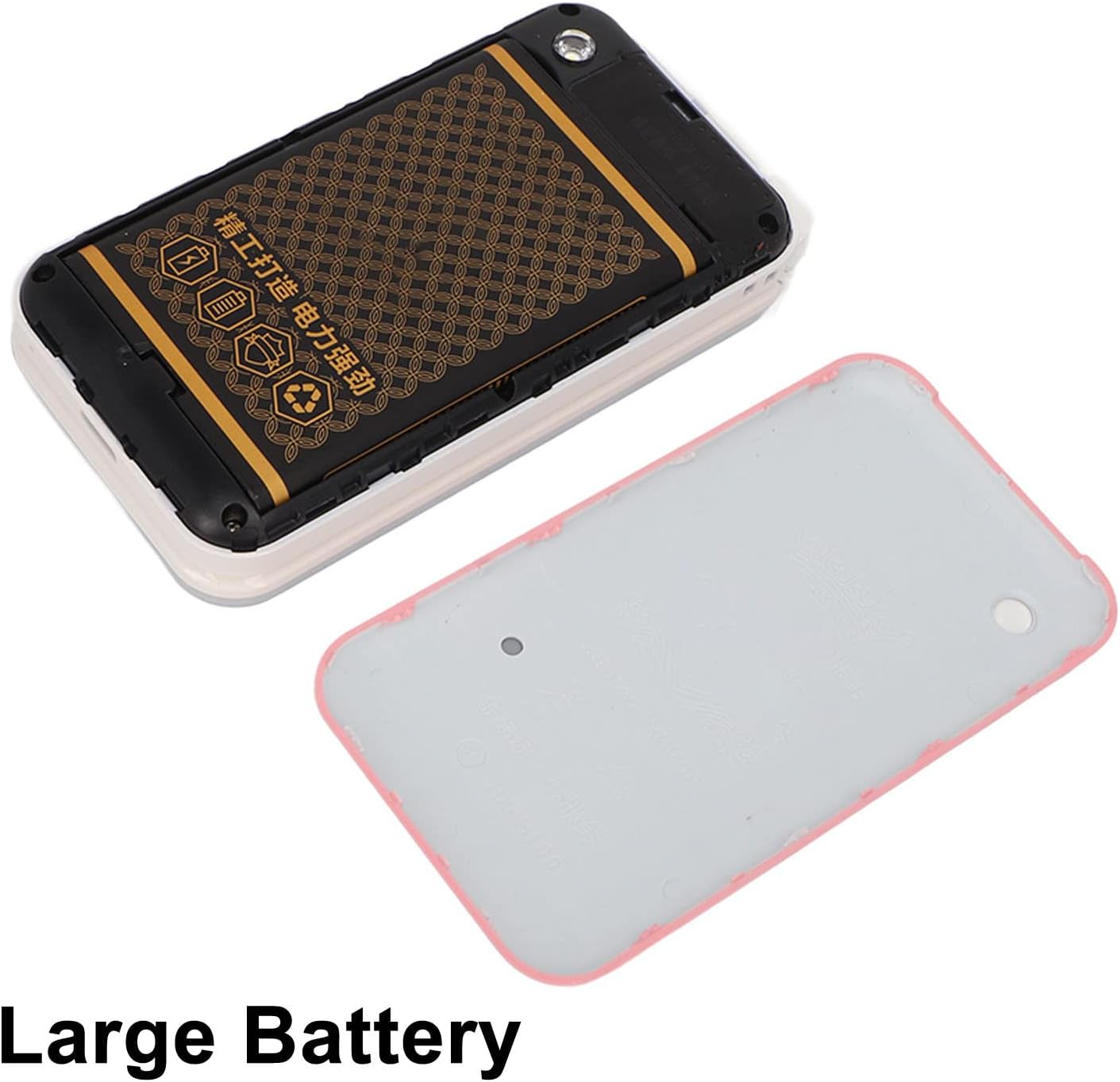 Open Jectse N509 flip phone with the back cover removed, showing the battery compartment and the large battery.