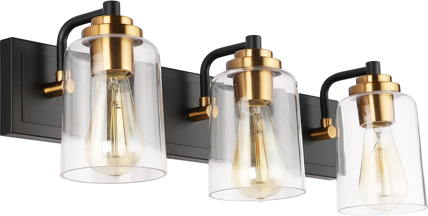 Best Deal Product SOLFART Matt Black Vintage Bathroom Vanity Light Fixtures Over Mirror Glass Globe 3 Lights