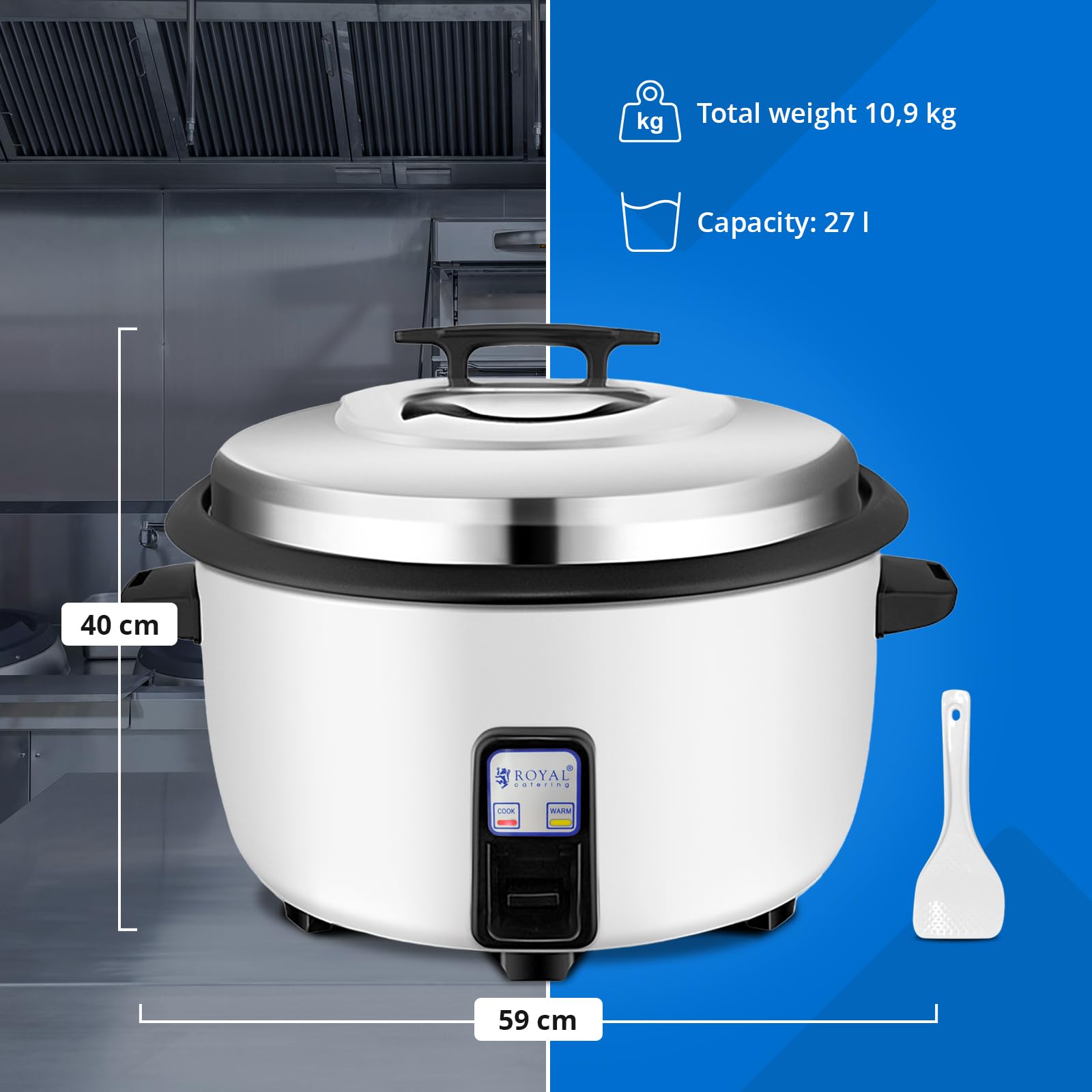 Royal Catering Cuiseur à riz 27 L 3600 W pour 60 tasses de riz cru, cuisson one-touch, maintien au chaud automatique, poignée anti-brûlure, pot amovible antiadhésif, avec tasse et spatule Multicuiseur