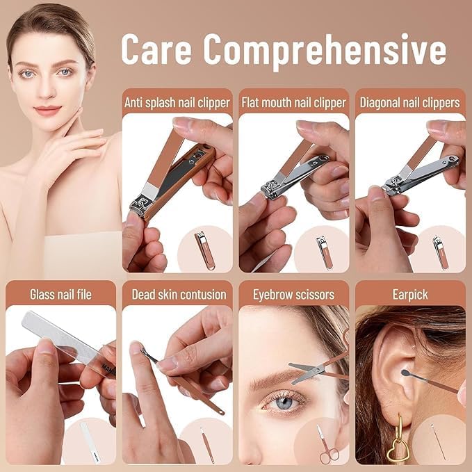 Falshruti 8 IN 1 Stainless Steel Professional Manicure Set Nail Cutter For Women Nail Scissors Luxury Grooming Kit Manicure Pedicure Kit For Women Portable Nail Clipper Set with Nail File, Anti-Splash Design, Ideal for Fingernail and Toenail, Personal Nails Care Set for Baby, Men, Adults 1