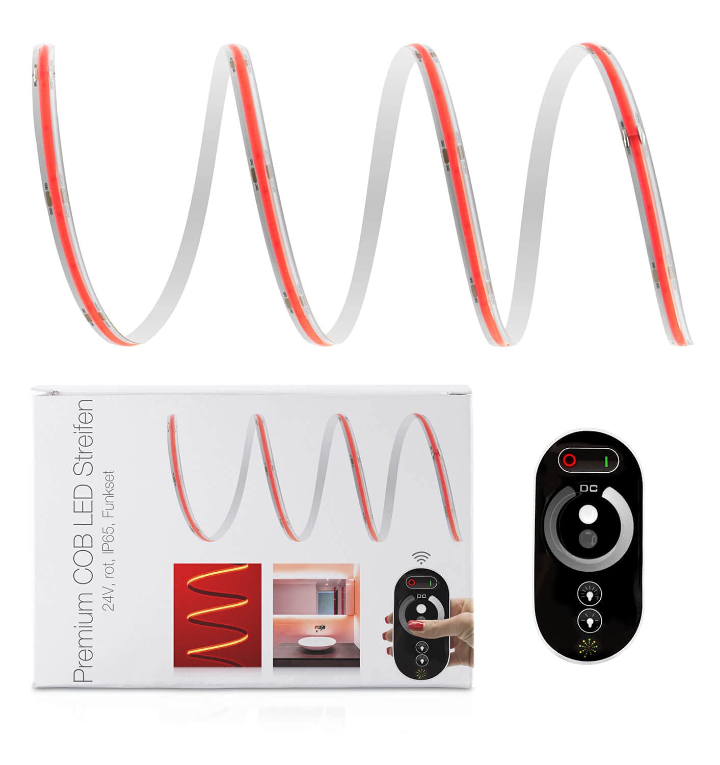 LED Universum Juego de tiras LED COB rojas con mando a distancia, controlador y fuente de alimentación, filamento prémium, 24 V, IP65, monocolor (1 metro)