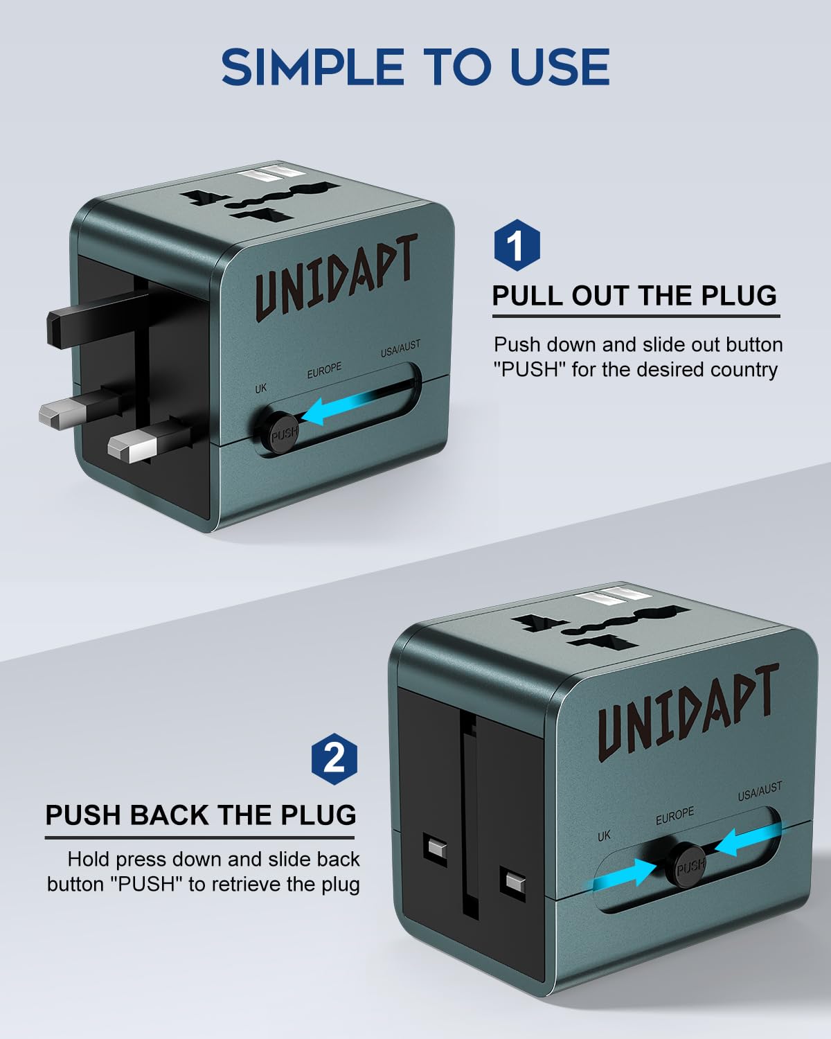 Unidapt Universal Travel Adapter, 4 in 1 International All in One Travel Charger Adapter for US, UK, Europe, AU, Worldwide Travel Adapter, Multi Adapter Plug-1 PD, 2 USB+Type C Port — Amazon image 5