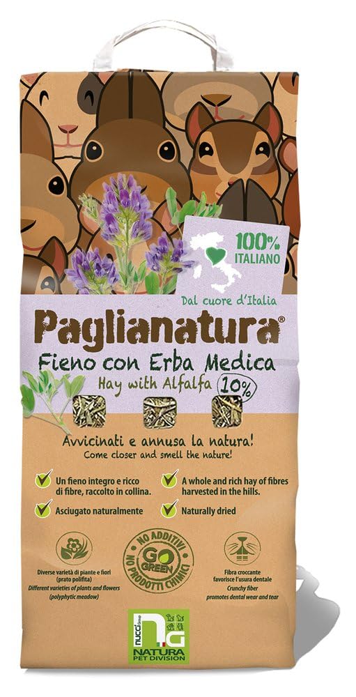 Paglianatura Zestaw 6 naturalnych worków na siano 1300 g z lucerną — żywność bogata w błonnik, białko i wapń dla królików, świnek morskich i gryzoni — 100% naturalny