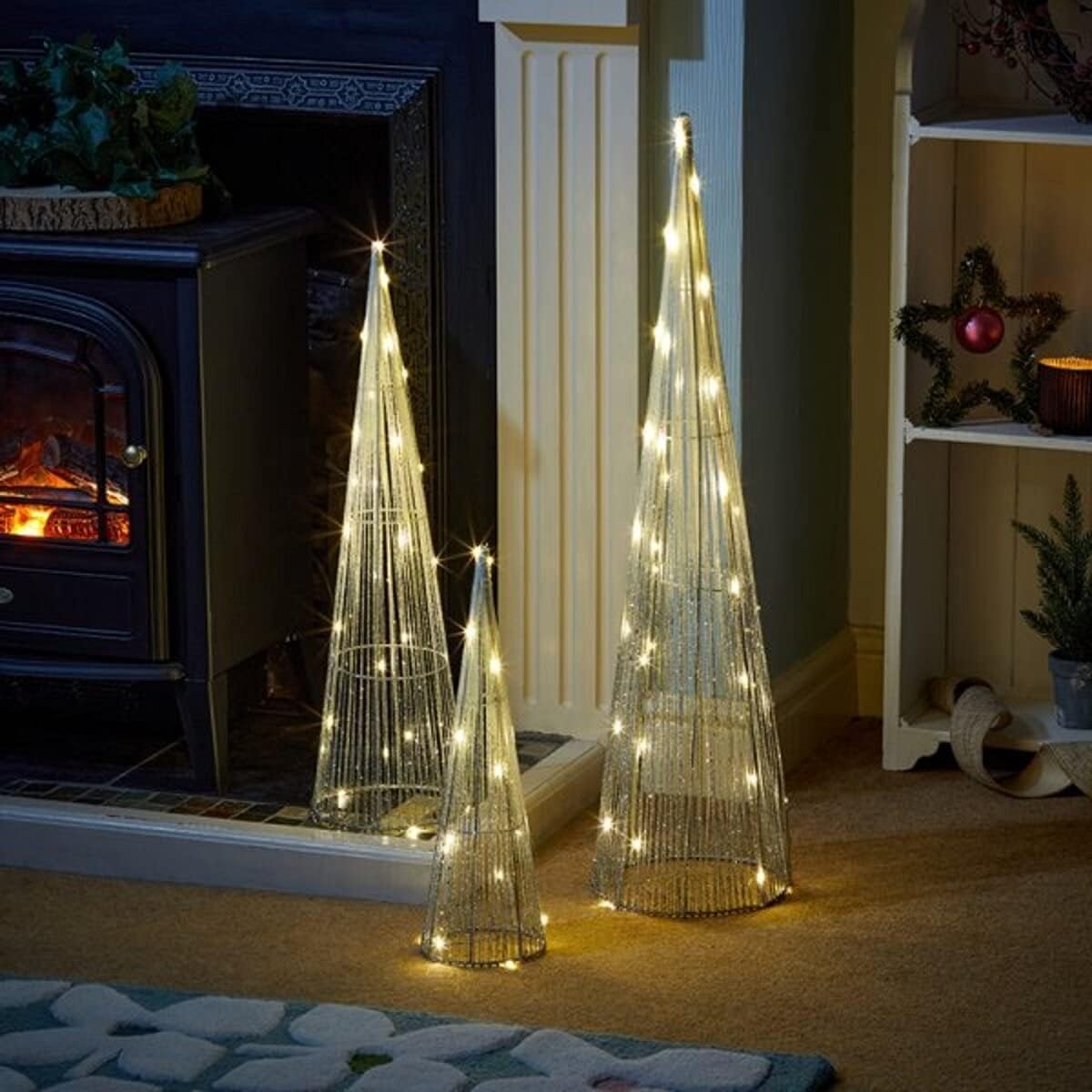 Marco Paul Set of 3 Pre Lit Cone Trees - Warm White LED Indoor Christmas Decorations Large Battery Operated Light Up Silver Glitter Artificial Trees Festive Xmas Home Décor & Seasonal Display
