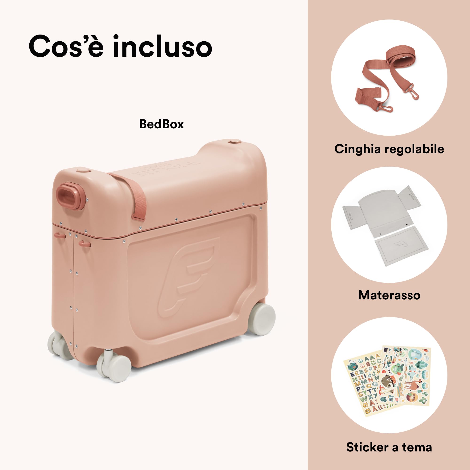 Stokke JetKids BedBox, Coral Pink - Valigia cavalcabile per bambini dai 2 ai 7 anni (fino a 35 kg) - Si trasforma in letto - Include materasso, adesivi decorativi e cinghia di trasporto regolabile