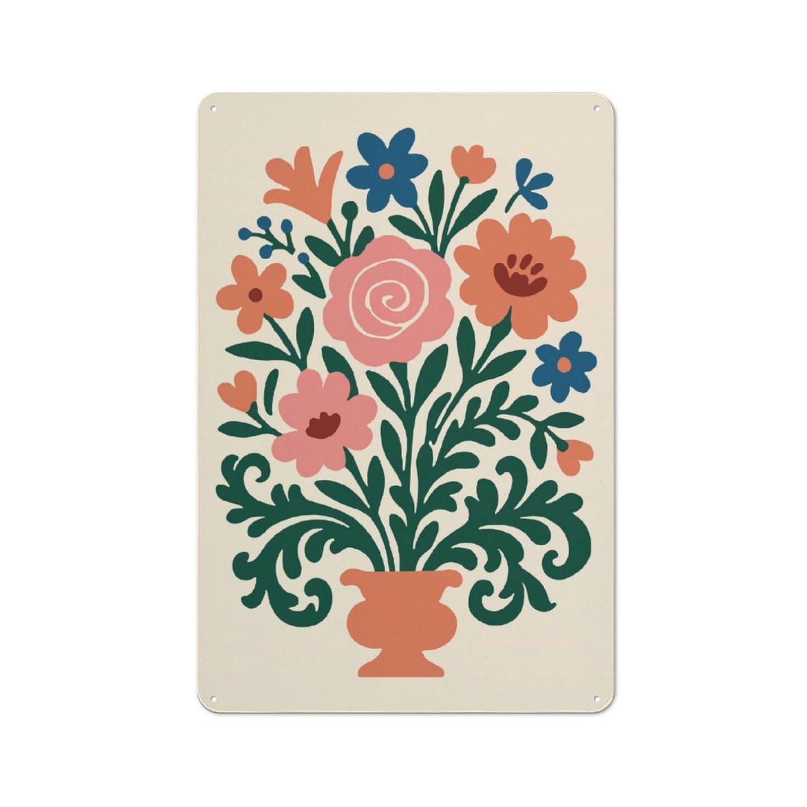 Junmoney Style-11 Metal Plaque With Floral Bouquet In Vase Illustration Design 30X20cm, Country Style Cafe Wall Decor For Bakery, Diner, Cafe Or Family Room