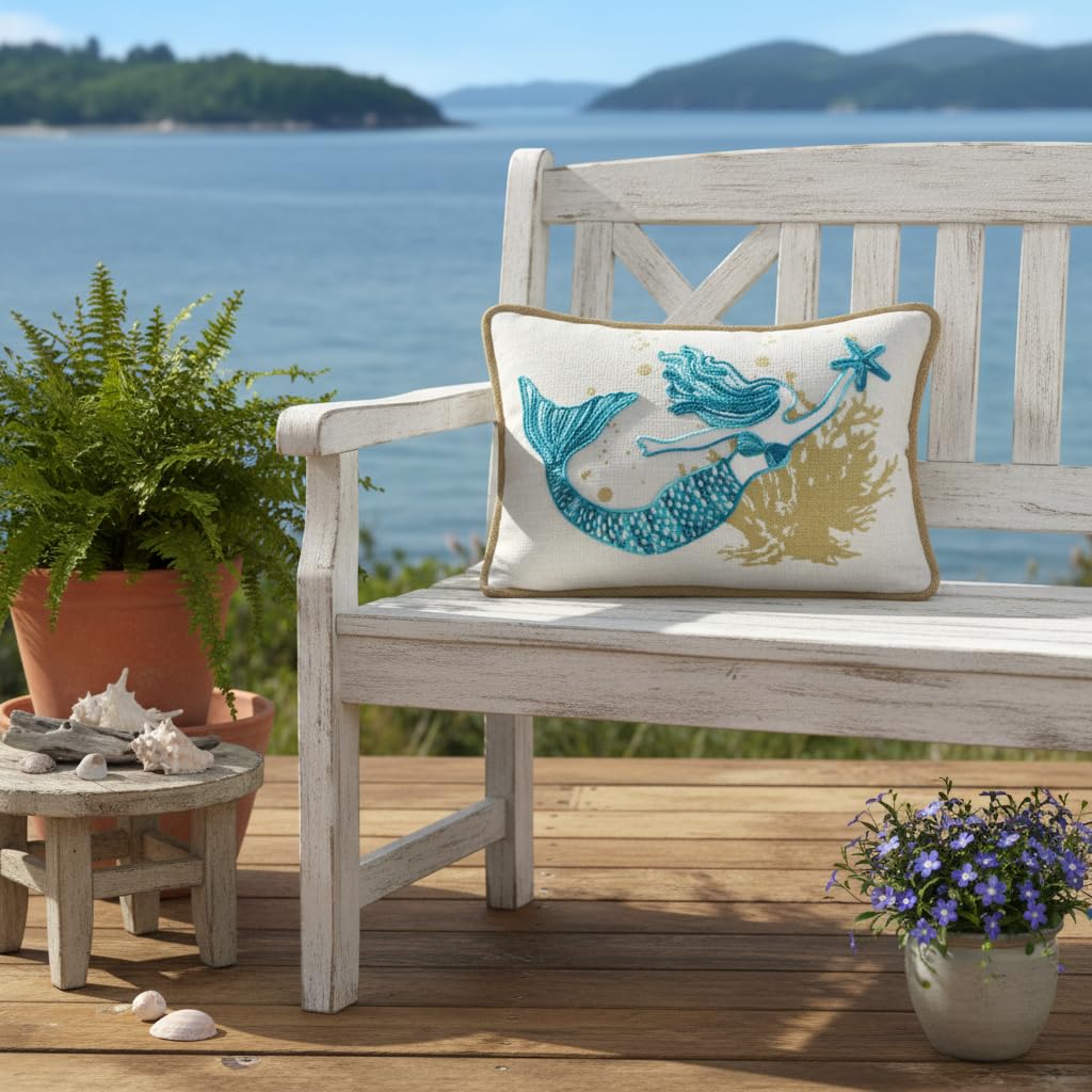 Comfy Hour Almohada de sirena de 18 x 13 pulgadas, decoración costera de estrella de mar | Estrella de mar, poliéster bordado azul azulado y dorado, decoración náutica para sofá, cama, sofá, oficina