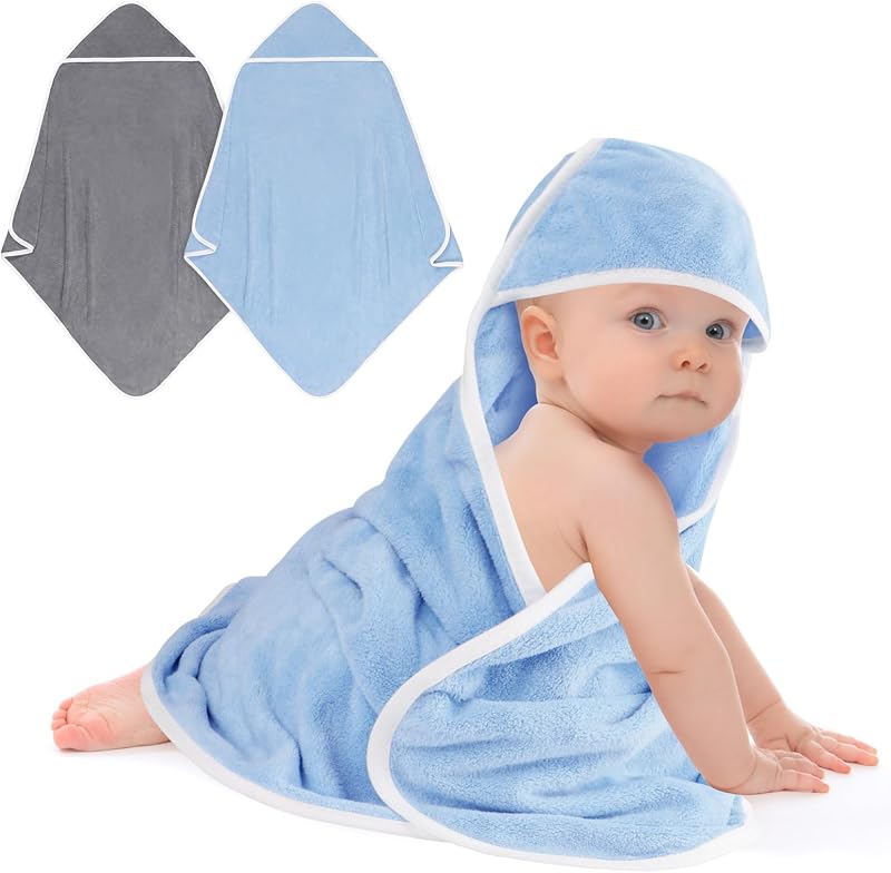 Hooded Towel for Newborn, 2 Pack Soft Coral Fleece Baby Towels | Ultra Absorbent Bath Cloths Bulk for Infants, Toddlers, Newborn Essential- 30 x 30 inch - Grey & Blue