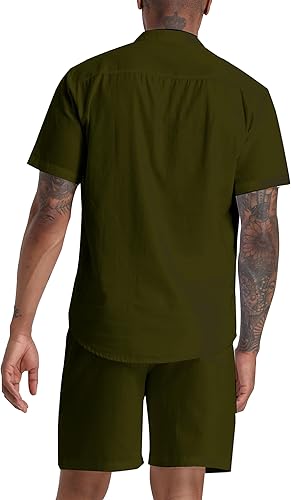 Miniatura 3 de Conjunto de algodón y lino para hombre, camisas Henley, pantalones cortos, trajes de 2 piezas, ropa de playa, traje de vacaciones a juego, ropa de