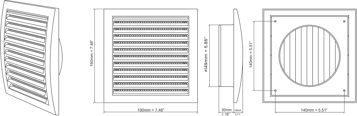 H&C VENT White Ventilation Grille with Connector and Insect Protection 7,5 x 7,5Inch / 190 x 190mm │ Vent Cover │ Extractor Air Vent Covers for Inside and Outside │ Pipe Covers for Wall Door Window - Image 2